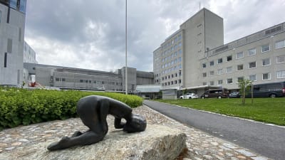 I förgrunden en staty som ligger nerböjd. I bakgrunden en sjukhusbyggnad.