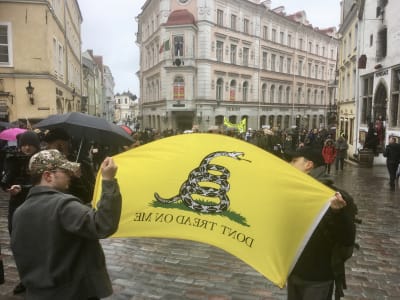 Motdemonstranter har ställt sig så att de syns tydligt av demonstranterna under en demonstration mot de estniska regeringsförhandlingarna i Tallinns Gamla stad.