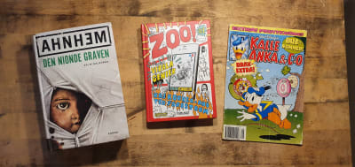 Böckerna Zoo-serien av Ted Forsström och Kaj Korkea-aho, Den nionde graven av Ahnhem och en Kalle Anka-serietidning