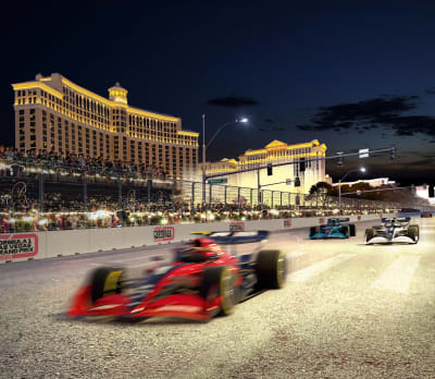 Illustreringsbild där formel 1-bilar kör i Las Vegas.