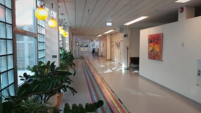 Korridor med märkta rutter på golvet i ett sjukhus.