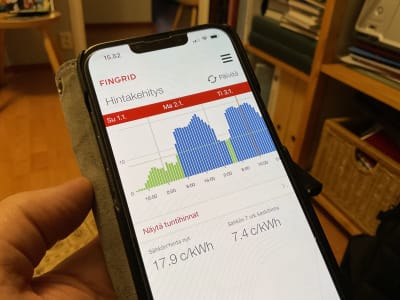 En mobiltelefon med Fingrids app öppnad. Appen visar i staplar i olika färger hur dyr eller billig elektriciteten är varje timme.