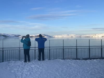 Två personer tittar mot Kirkenesfjorden omringad av berg.