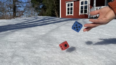 Punainen ha sininen noppa jota käsi heittää lumen päälle.