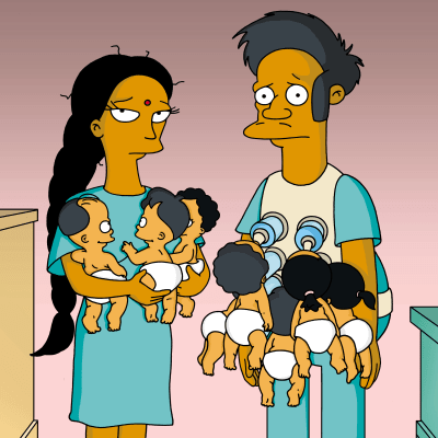 Figuren Apu Nahasapeemapetilon med frun Manjula och parets åtta barn.