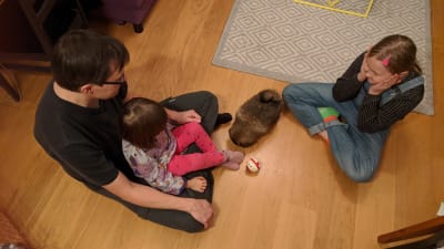 En pappa leker med sina barn och sin hund inomhus.