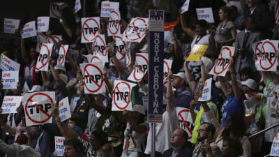 Demokratiska delegater demonstrerade mot frihandelsavtalet TPP under partikonventet i Philadelphia.