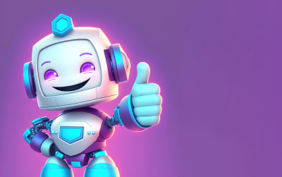 En glad animerad robot med lila ögon. Den visar tummen upp.