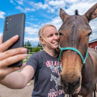 Kaisa Määttänen ottaa Selfietä itsestään ja muulista. Kaisa ja Muuli ovat kasvot vierekkäin.