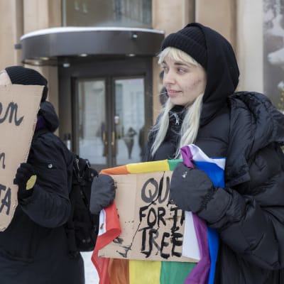 Metsäliikkeen aktivistit osoittavat mieltänsä Arktikumin edessä Rovaniemellä.