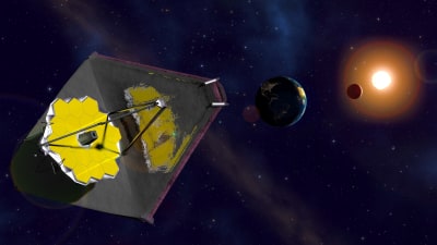 Konstnärens vision av James Webb-rymdteleskopet i rymden.