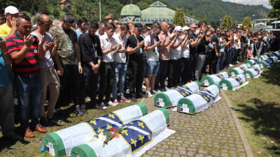 Begravning av nyligen identifierade kroppar vid 23 årsdagen för massakern i Srebrenica.