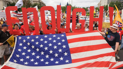 Tea Party-rörelsens demonstrerar mot Obamas häslovårdsreform och deltagare håller upp en stor text "det är nog" över Amerikas flagga.