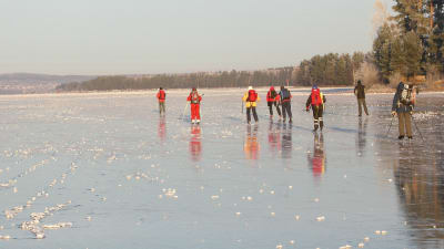 Långfärdsskridskoåkare tar sig fram på blank is.