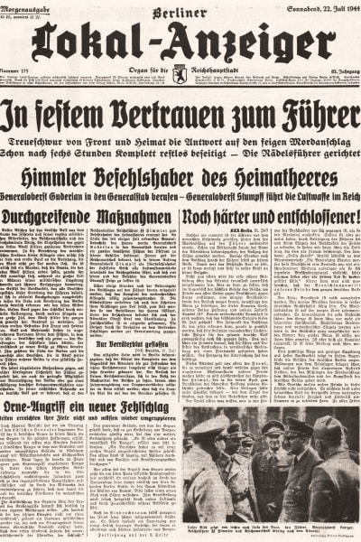 Berliner Lokal Anzeigers förstasida 22 juli 1944 med skrikande rubrik om mordförsöket på Hitler.