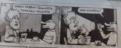En Fingerpori-seriestripp ur en tidning. I den första rutan säger en dam "Kävin kerran Islannissa...Tykkään valaista". I den andra rutan har en man en ficklampa och säger "Niin minäkin!"