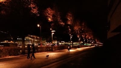 En mörk vinterkväll, men Västra Strandgatan och Teaterbron vid Aura å i Åbo är julupplysta.