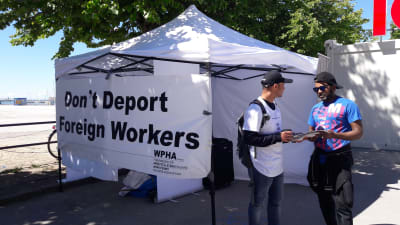 Don´t Deport Foreign Workers står på ett tält där två aktivister delar ut flygblad, 