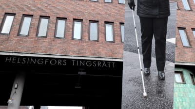 Skylt där det står Helsingfors tingsrätt samt en bild på en person med en vit käpp.