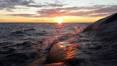Vågor färgas rosa då de slår mot en klippa i solnedgången.