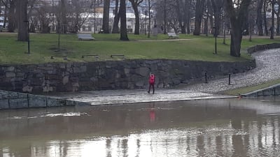 En dam i röd jacka går längs åkanten i Åbo, där vattnet går ända upp till den lägsta avsatsen längs ån.