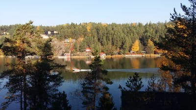 En motorbåt kör förbi sommarstugor och höstgula träd.