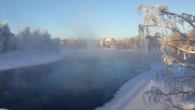 Älven Pielisjoki är bara delvis frusen och ångar en kall dag.