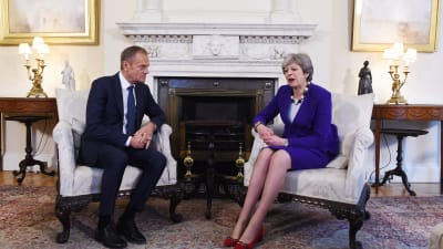 EU:s permanente rådsordförande Donald Tusk på besök hos Storbritanniens premiärminister Theresa May på 10 Downing Street, torsdagen 1.3.2018.