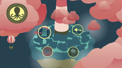 Salasaaren seikkailu- pelin Majakkasaari näkyy vaaleanpunaisten hattarapilvien lomasta. 