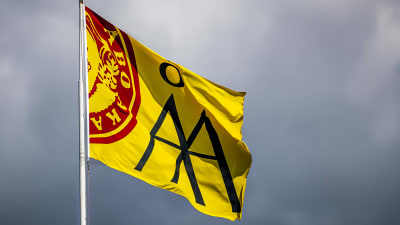 En gul flagga med Åbo Akademis logo.