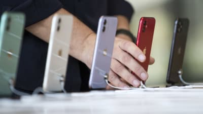Fem Iphone 11-telefoner i olika färger på rad i ett köpcentrum i Dubai. En person håller i telefonen som är röd. Telefonerna är fotade så att bara baksidan med Apple-logon syns.