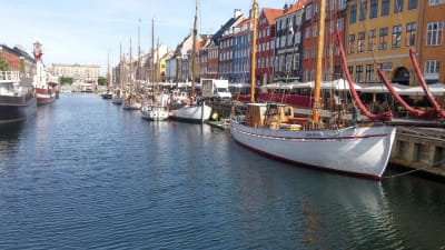 Nyhavnin satama-alue, purjeveneitä rivissä laiturin vieressä. 