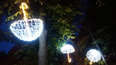 Ett ljuskonstverk med ljusparaplyer som hänger i träd.
