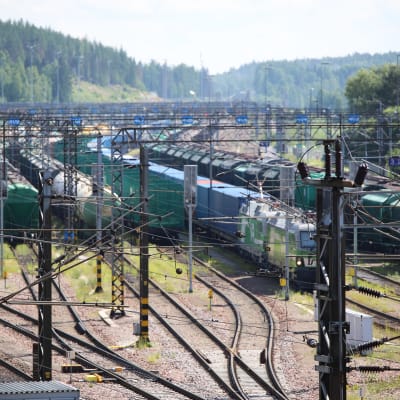Vainikkalan ratapihalla pysähdyksissä olevia kontti- ja säiliöjunia.