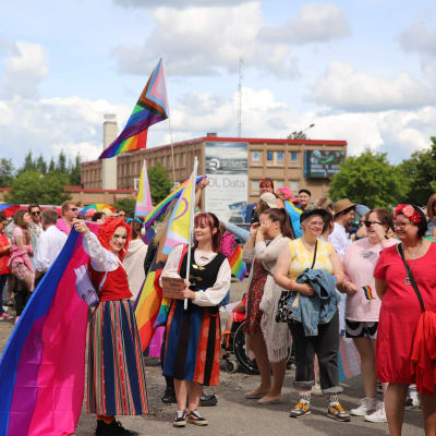 Pride-tapahtumassa liikkuvia ihmisiä Lapualla aurinkoisena kesäisenä päivänä, kuvissa näkyy sateenkaarilippuja.