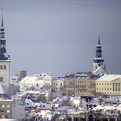 Tallinnan vanhaakaupunkia muun muassa kolme kirkontornia ja Toompean kukkulalla olevia keskiaikaisia taloja.