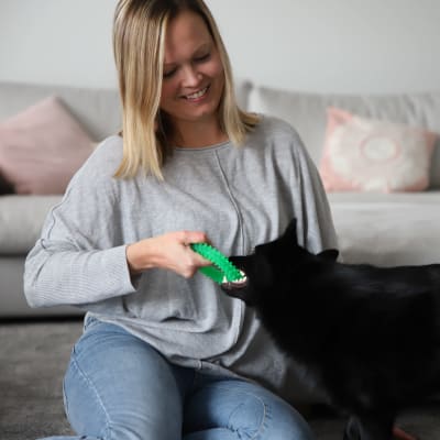 Outi Karvinen ja Jäbä-koira leikkivät