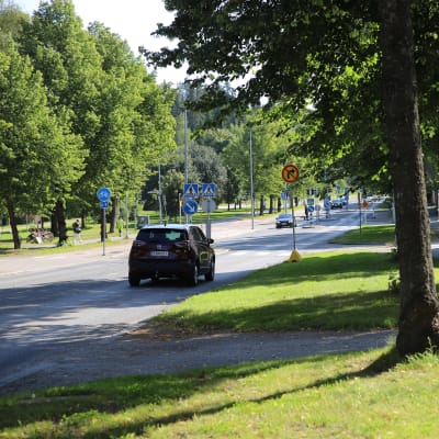 Auto on pysäköity kadun varteen, jota reunustavat puut.