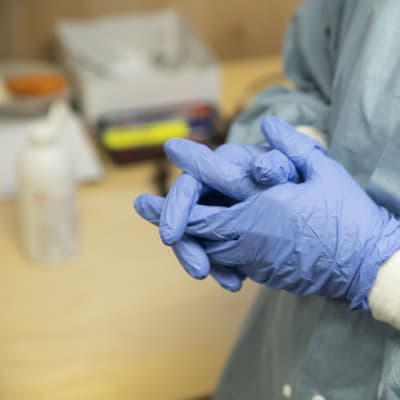 En skötare sätter handskar på händerna.