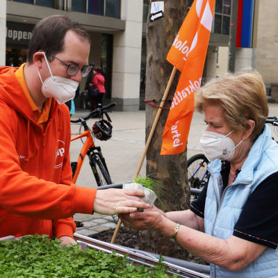 Det ekologiska partiet ÖDP delar ut kryddväxter till möjliga väljare