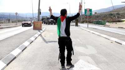 En palestinier demonstrerar mot judiska bosättningar på Västbanken.