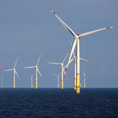 Tiotals vindturbinder ute till havs.