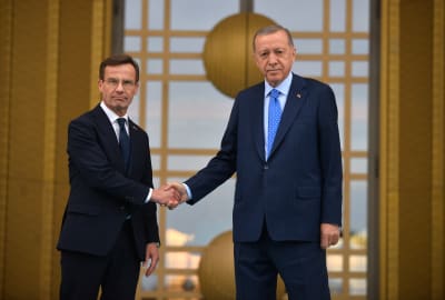 Turkin presidentti Recep Tayyip Erdogan (vas.) ja Ruotsin pääministeri Ulf Kristersson (oik.) kättelevät presidentinlinnassa Ankarassa, Turkissa 8. marraskuuta.