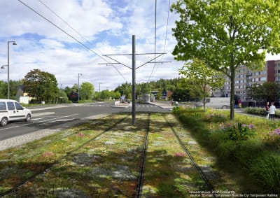 En visualisering av hur Littoisvägen i Åbo skulle se ut med spårvägar och spårvagnar. 