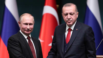 Rysslands president Vladimir Putin och hans turkiska kollega Recep Tayyip Erdogan skakar hand.