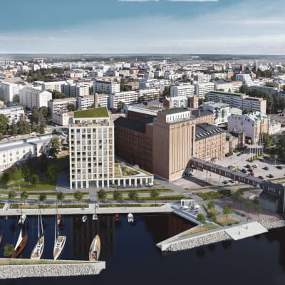 Skiss över det nya hus som ska ersätta silorna vid Åbo Akademi i Vasa.
