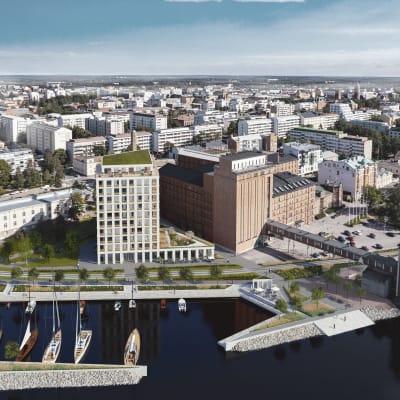 Tietokoneella tehty havainnekuva  kerrostalosta Vaasan Rantakadulla.