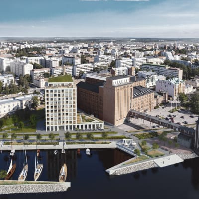 Tietokoneella tehty havainnekuva  kerrostalosta Vaasan Rantakadulla.