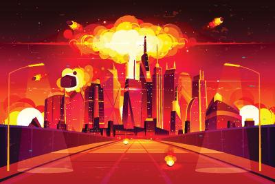 Exploderande atombomb över en fiktiv stad.