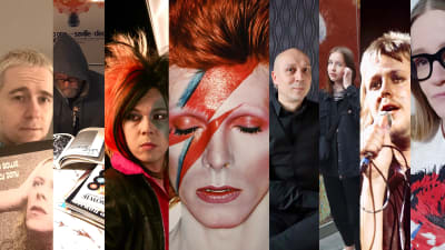 Kuvakollaasissa seitsemän eri ikäistä suomalaista Bowie-fania ja Aladdin Sane -hahmoinen Bowie.